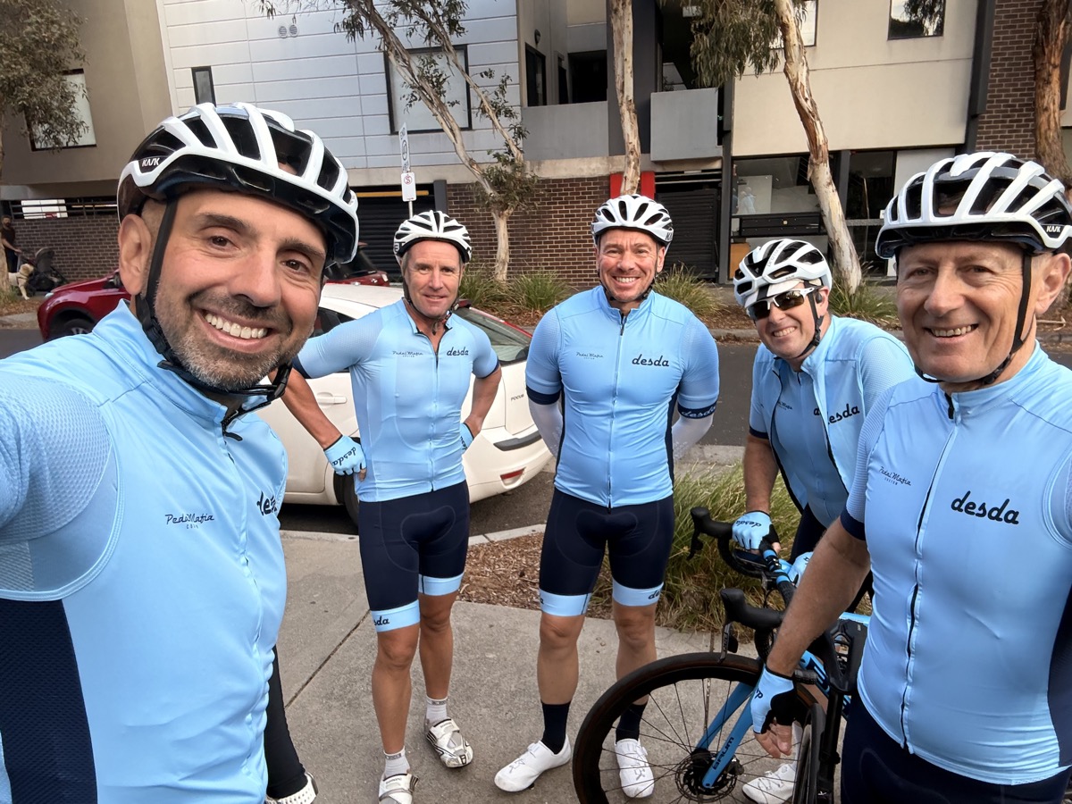 Desda riders cycling through eucalyptus trees, Melbourne May 2026